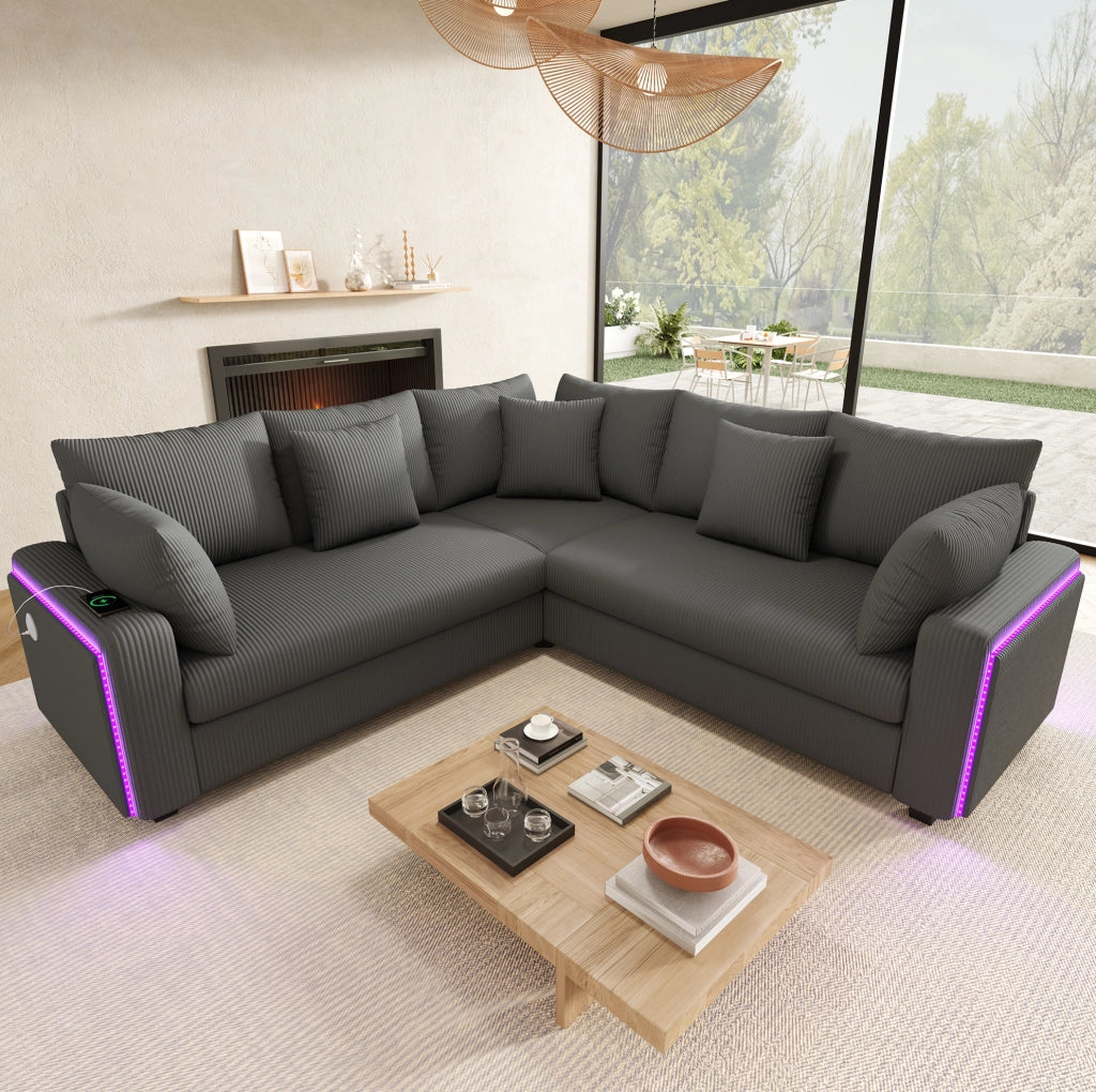Divano angolare modulare con LED Bluetooth; USB e USB-C; in velluto a coste grigio; 198×198 cm