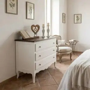 Comò classico provenzale in legno Shabby chic bianco e noce scuro