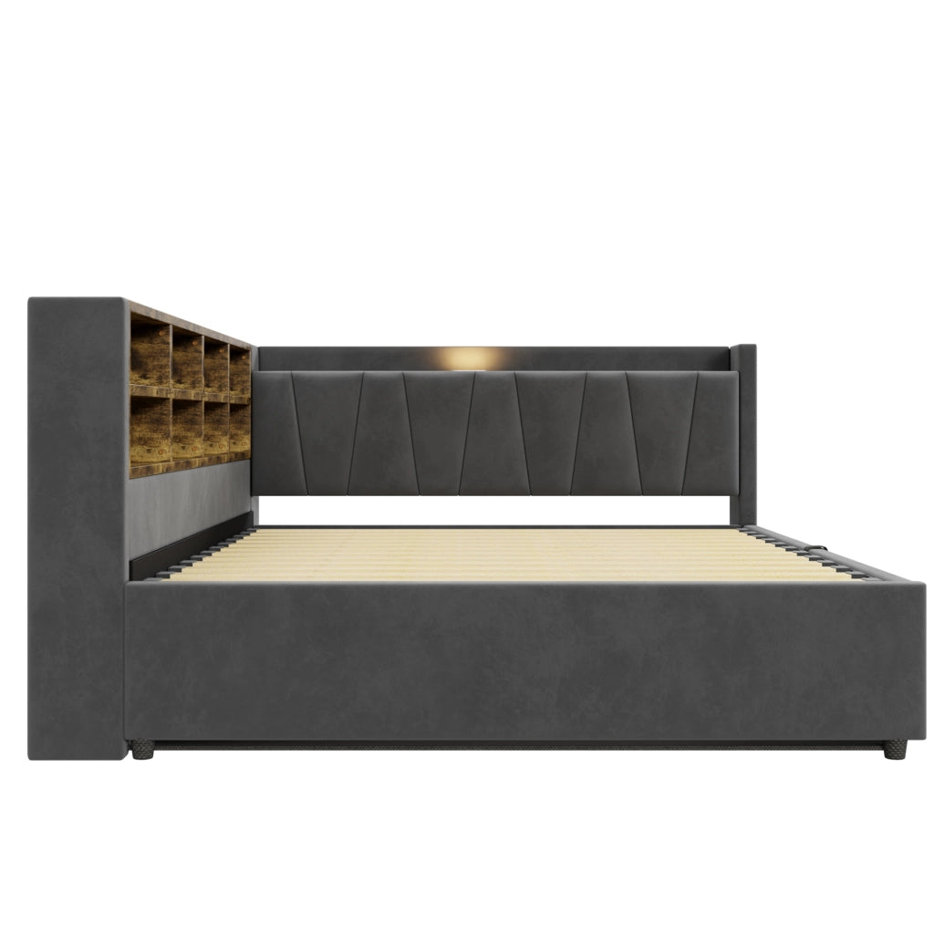 Letto imbottito 140x200 cm con vano idraulico e prese USB-C