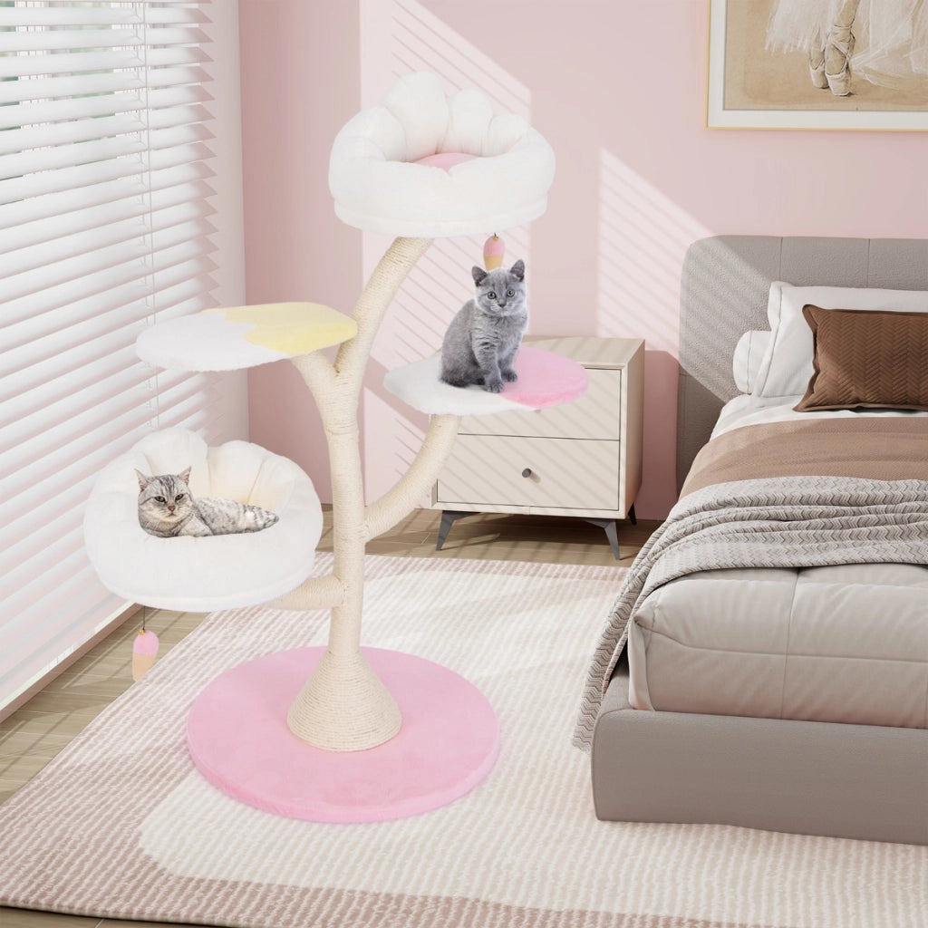Albero per gatti con 2 piattaforme palline pendenti e tiragraffi in sisal, Centro attivit¨¤ per animali domestici Rosa-Alberi Tiragraffi