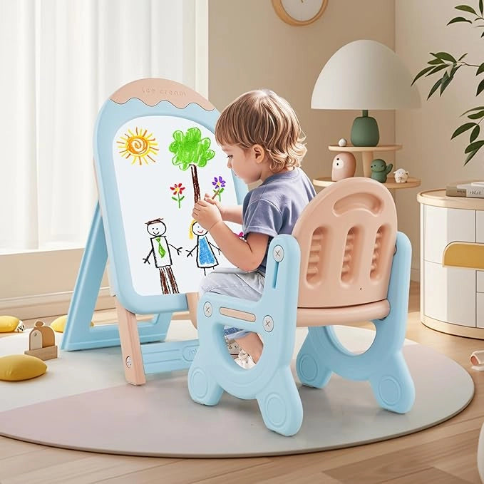 Lavagna Cancellabile con Sedia per Bambini, Set Tavolo e Sedie per Bambini con Scatola Portaoggetti, Piedini Antiscivolo, Cancellino e Pennarelli, Cavalletto per Cameretta (Blu)