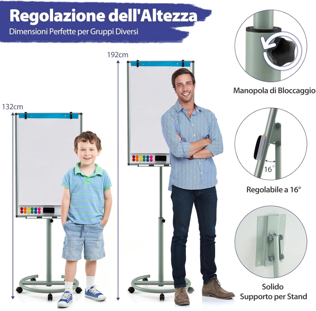 Lavagna Bianca Magnetica Mobile con Accessori, Lavagna Regolabile in Altezza e Angolo con Supporto Rotondo, 5 Ruote Bloccabili, 65 x 60 x 132-192 cm (Nero) (Verde)