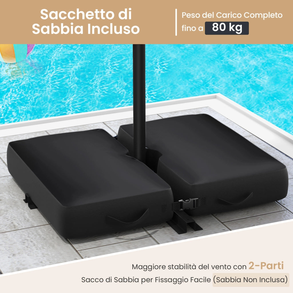 Ombrellone da 300 cm con supporto e luci LED, ombrellone a braccio con manovella, ombrellone da giardino, protezione UV, ombrellone da mercato, ombrellone da patio per giardino, piscina, terrazzo, beige