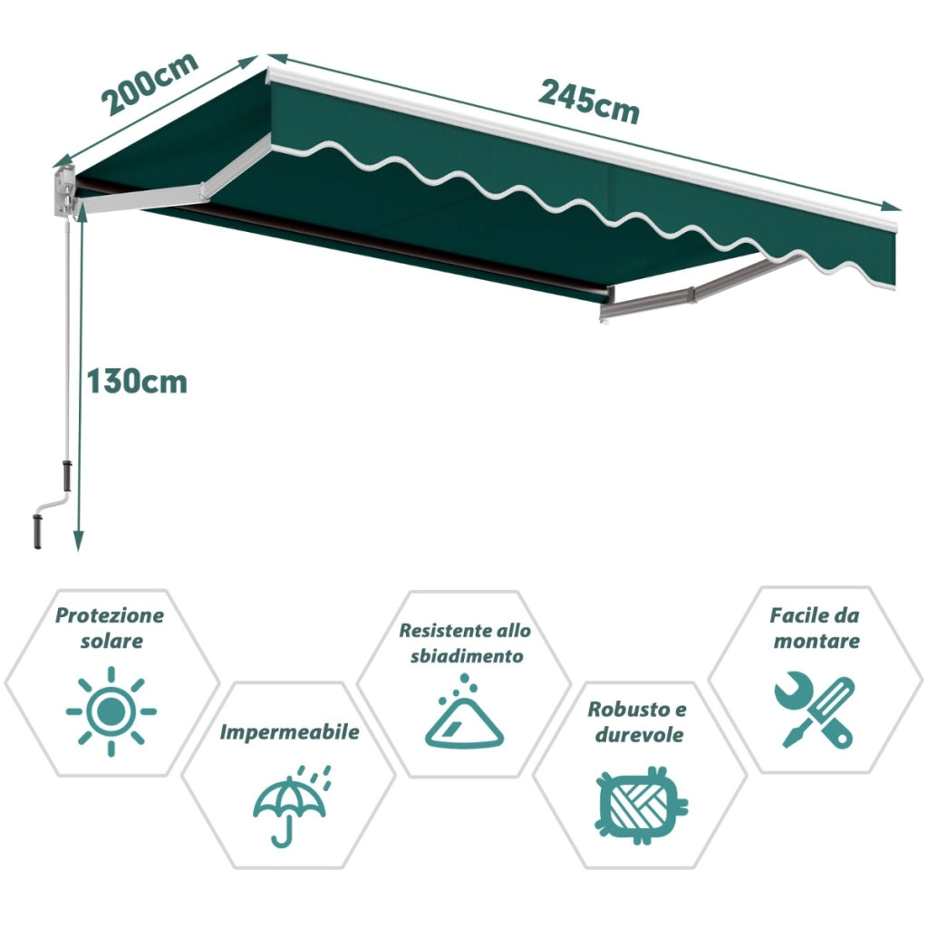 Tenda parasole in alluminio con manovella e poliestere impermeabile, Tenda da sole retrattile 245x200cm Verde-Tende parasole