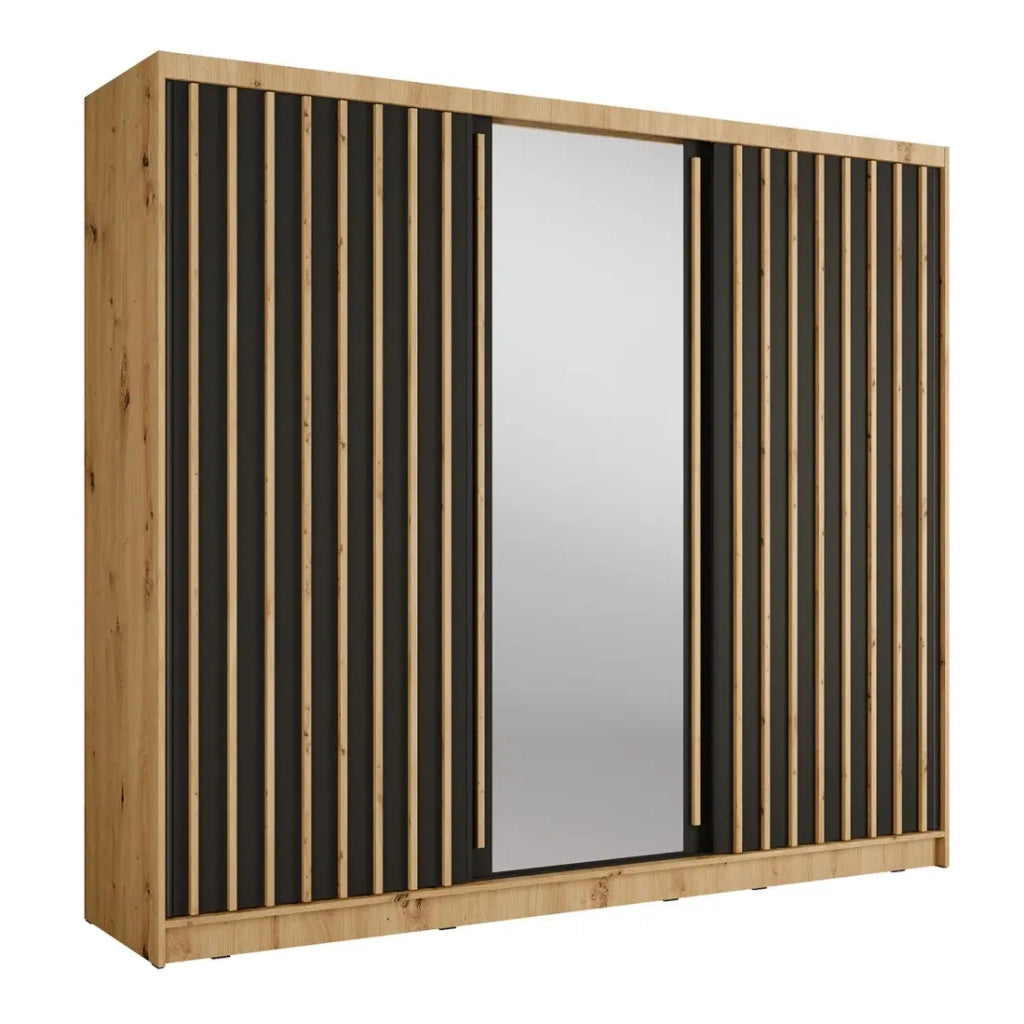 Armadio KAZU 3 porte scorrevoli con specchio in quercia e grigio grafite 248 cm