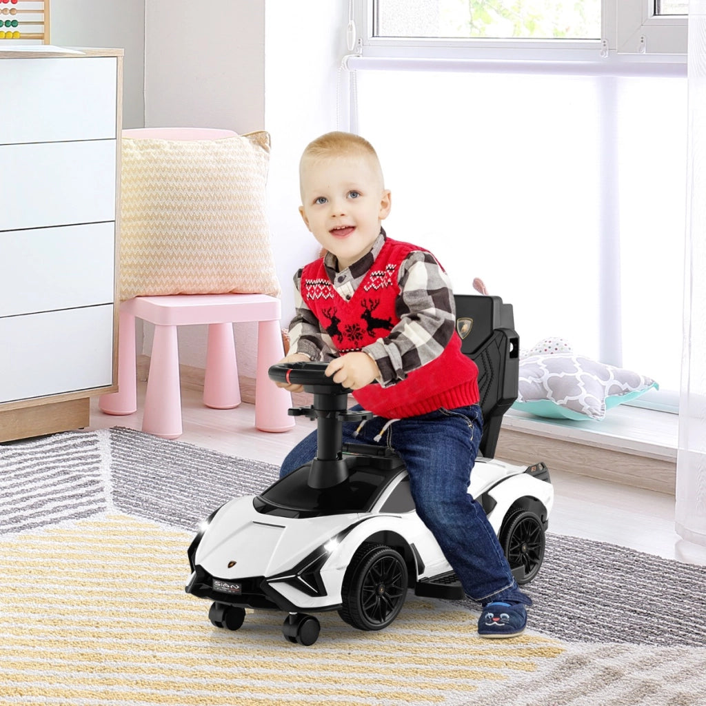 Auto da spinta 3-in-1 con paracolpi e manubrio rimovibili musica e spazio di stoccaggio nascosto, Auto scorrevole Bianco-Biciclette e tricicli