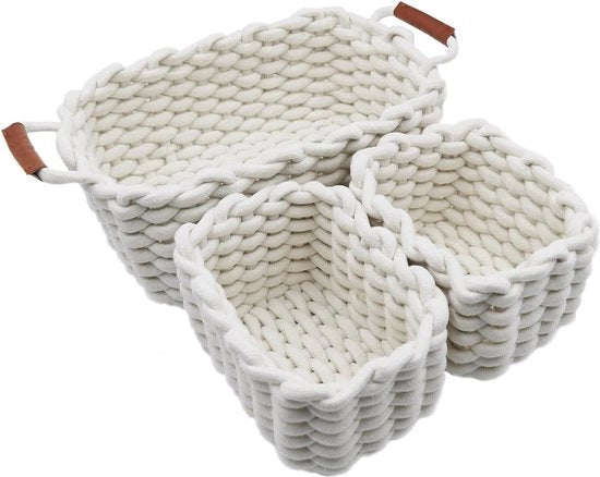 Set di 3 cesti di cotone con maniglie - contenitori decorativi per la camera dei bambini - bianchi