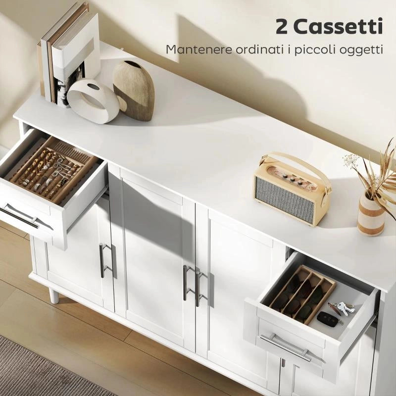 CREDENZA BUFFET ELEGANTE CON 2 CASSETTI E 3 ARMADIETTI CON RIPIANI REGOLABILI, IN LEGNO, 120X38X86 CM, BIANCO