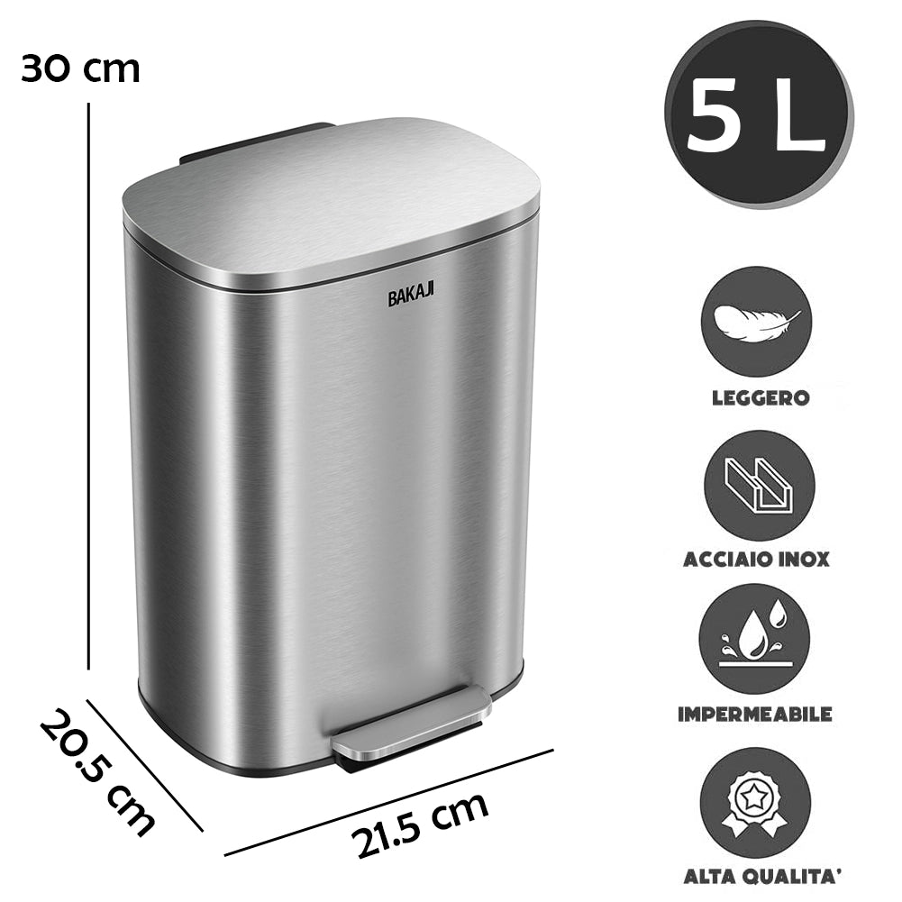 Pattumiera Rettangolare 21,5x20,5x30 cm Apertura a Pedale 5L Bidone Spazzatura in Acciaio Inox