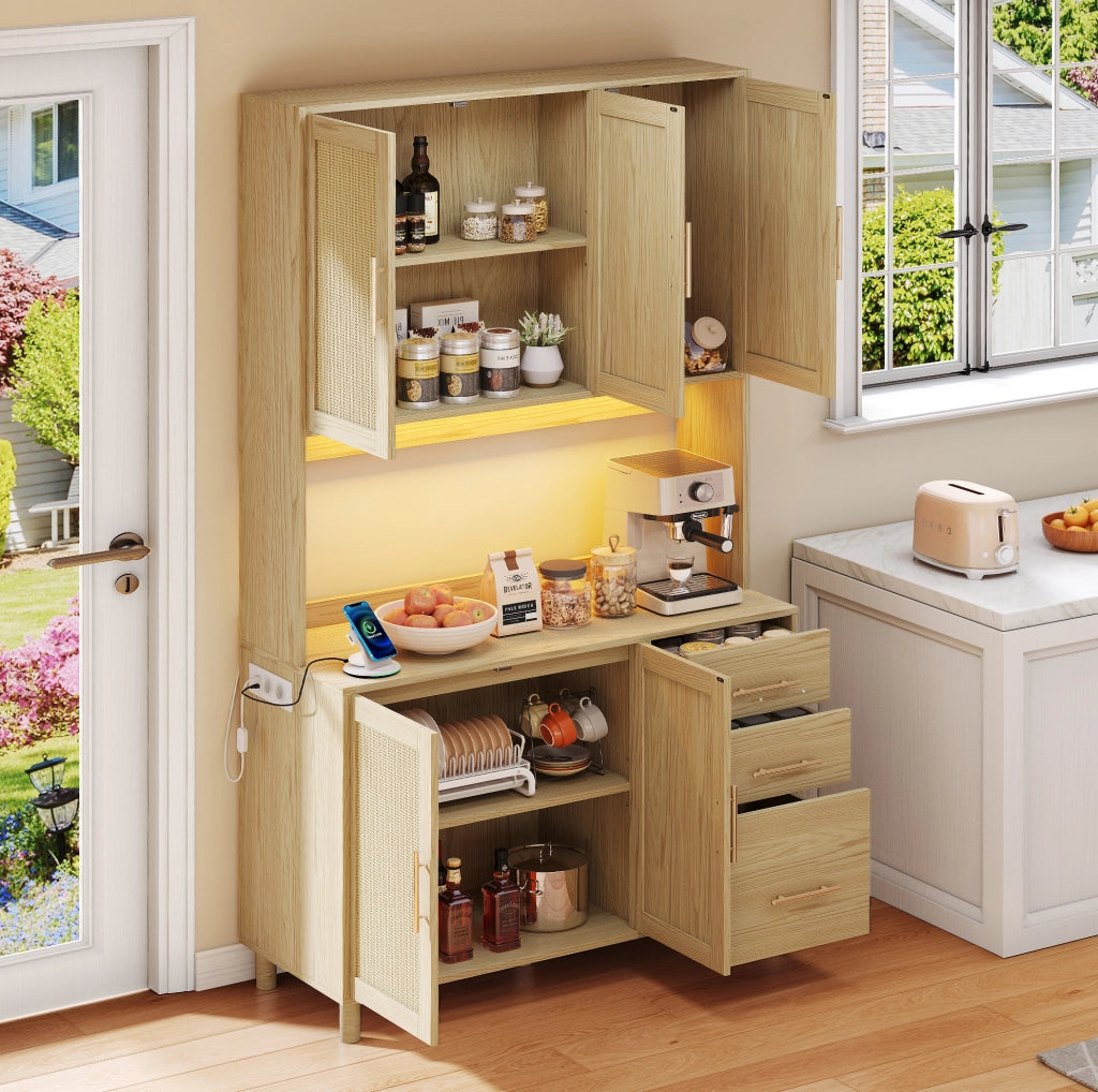 Credenza da cucina con LED multicolore; prese e USB; 3 cassetti in MDF; naturale