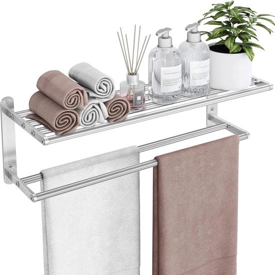 Asciugamani da bagno - Asciugamani da bagno a muro - Risparmio di spazio - Doppio supporto a stanga - 63 cm di larghezza - Acciaio inossidabile borchiato
