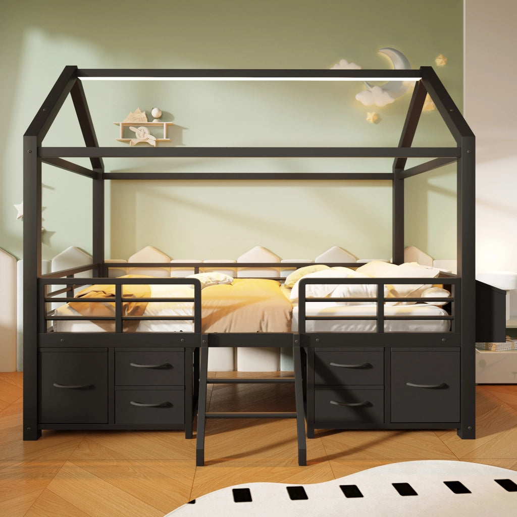 Letto a soppalco 90x200 cm in metallo e MDF; struttura a casetta con cassetti; nero