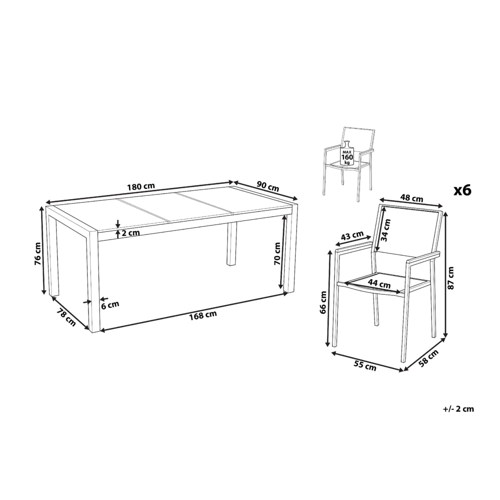 Set da giardino con 6 posti in acciaio inox con tavolo piano in vetro grigio e Sedie in tessuto grigio esterno moderno set elegante