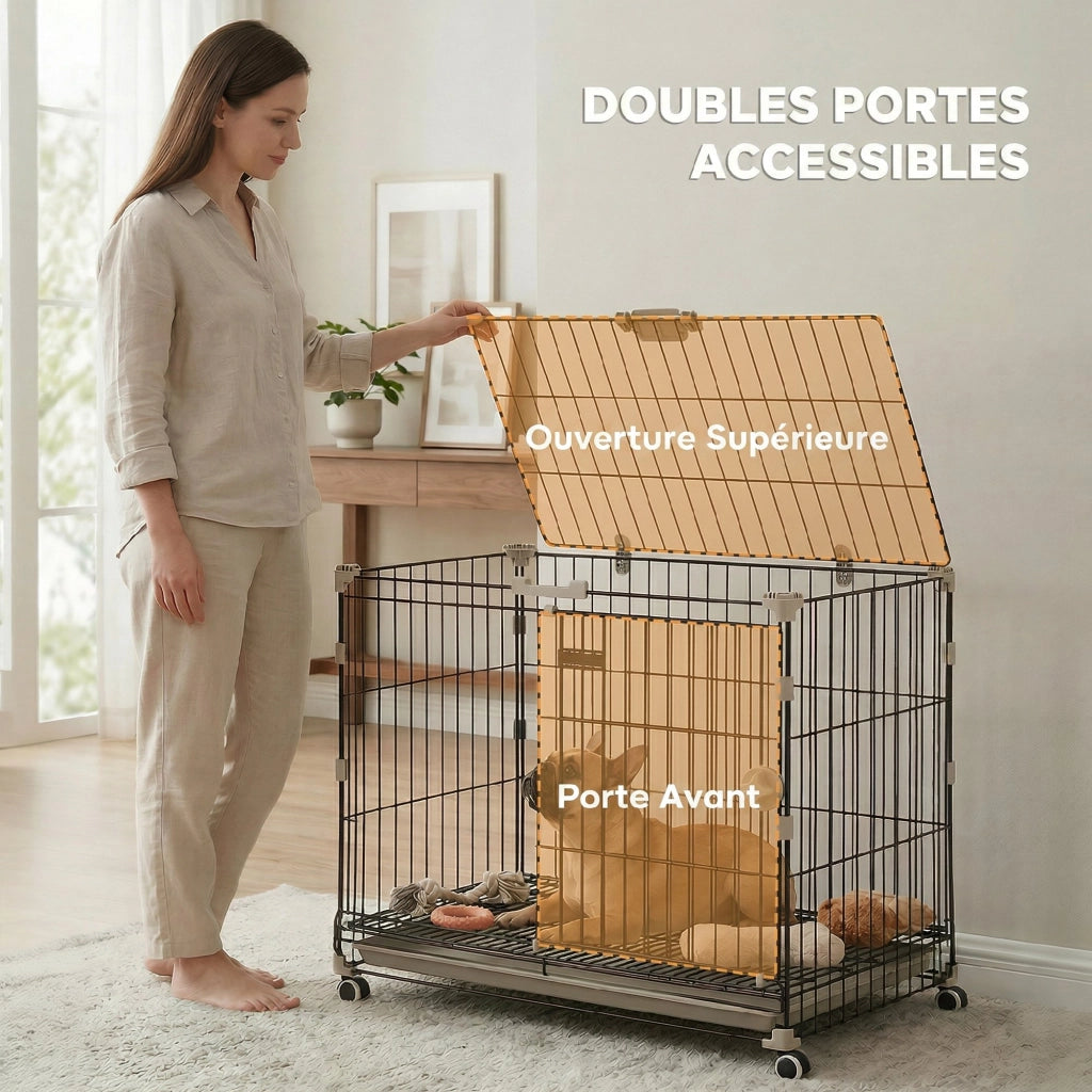 Cage per Cani con Vassoio Amovibile e Ruote ¨C zephmum ¨C Nero 75.5x46x64.5cm