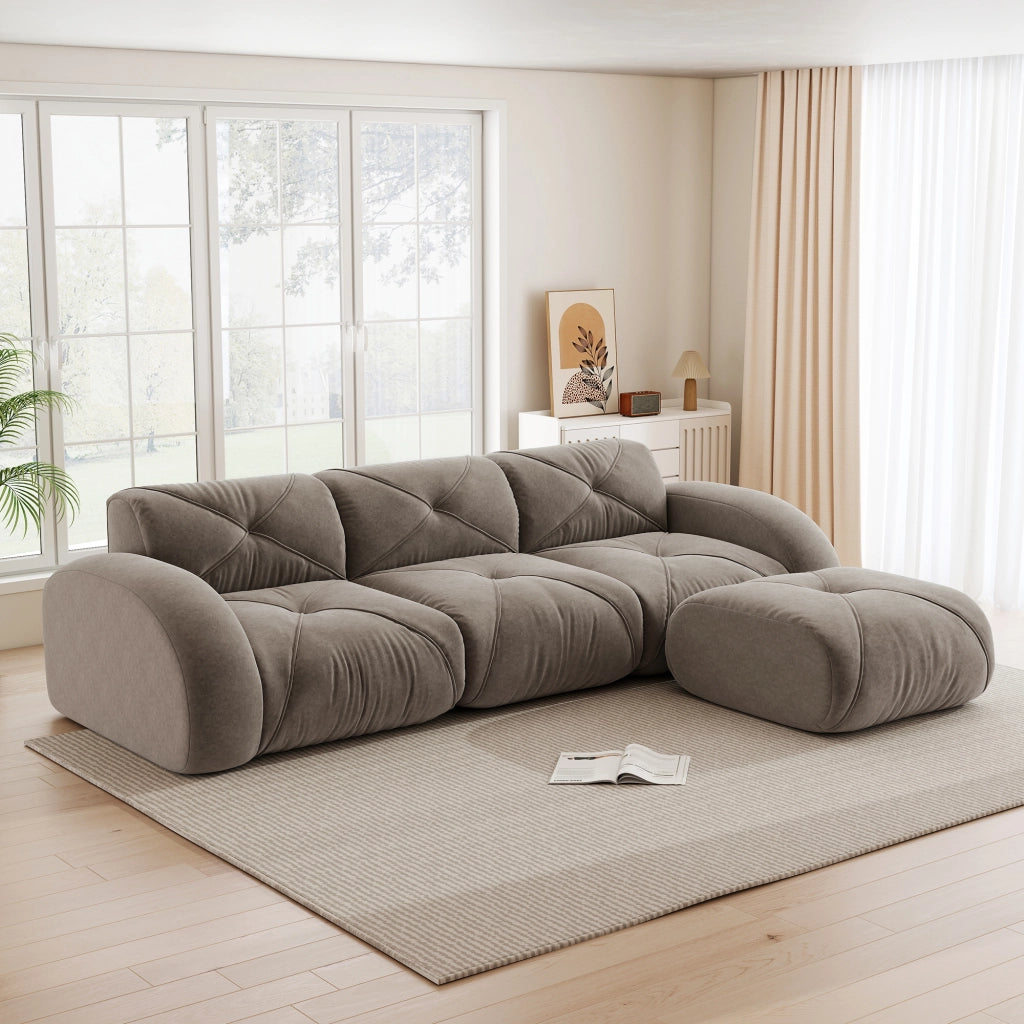 Divano modulare a L con pouf e seduta in schiuma 32D, in ciniglia tortora 281 × 171 × 76 cm