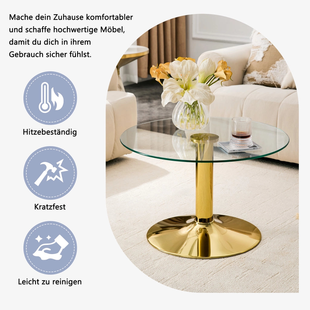 Tavolino basso con piano in vetro temperato e base in metallo, stile moderno, in vetro e metallo, oro, diametro 70 cm
