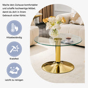 Tavolino basso con piano in vetro temperato e base in metallo, stile moderno, in vetro e metallo, oro, diametro 70 cm