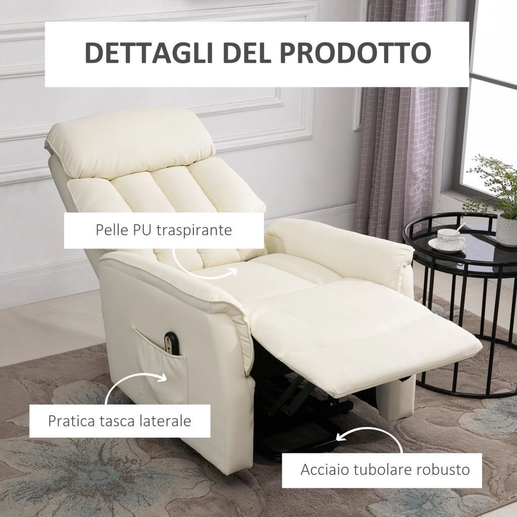 Easycomfort Poltrona Elettrica Alzapersone Reclinabile 145°, Poltrona Relax Elettrica in Pelle PU con Telecomando, Tasche Laterali e Poggiapiedi Integrato, Crema