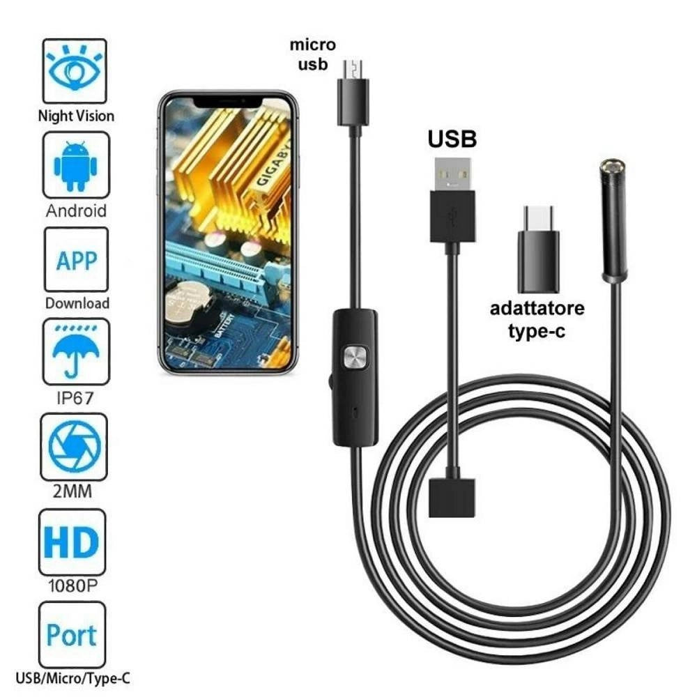 Trade Shop - Telecamera Endoscopica 5 Mt Type-c Usb Mini Usb F Flessibile Impermeabile 6 Led -