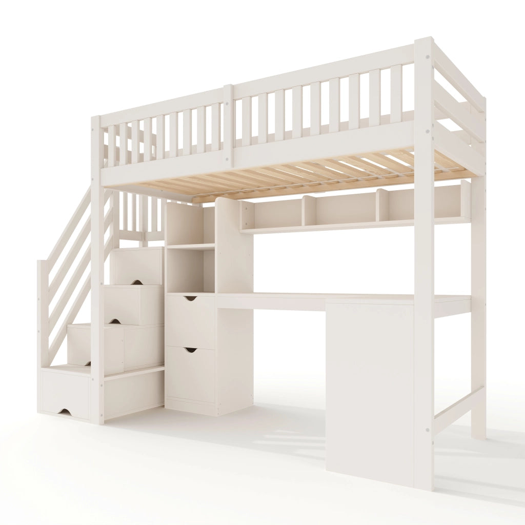 Letto a Soppalco 90 x 200 cm - Armadio con Scala; Scrivania Angolare e Cassetti - Bianco