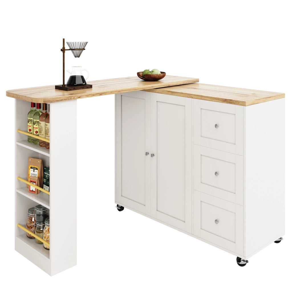 Isola cucina 203x39x104 cm girevole con ruote e ripiani in MDF bianco