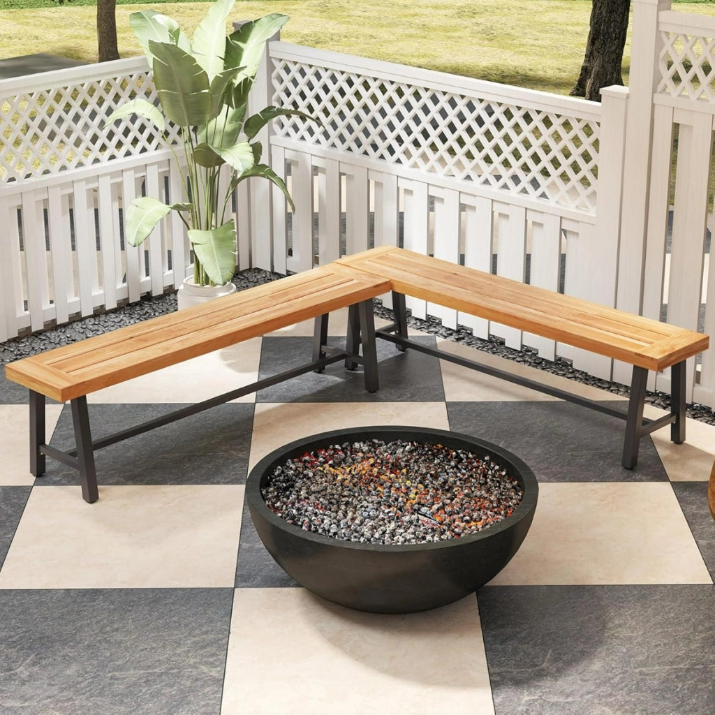 Panchina da giardino in legno di acacia con telaio in metallo resistente, Panchina senza schienale 2 pezzi