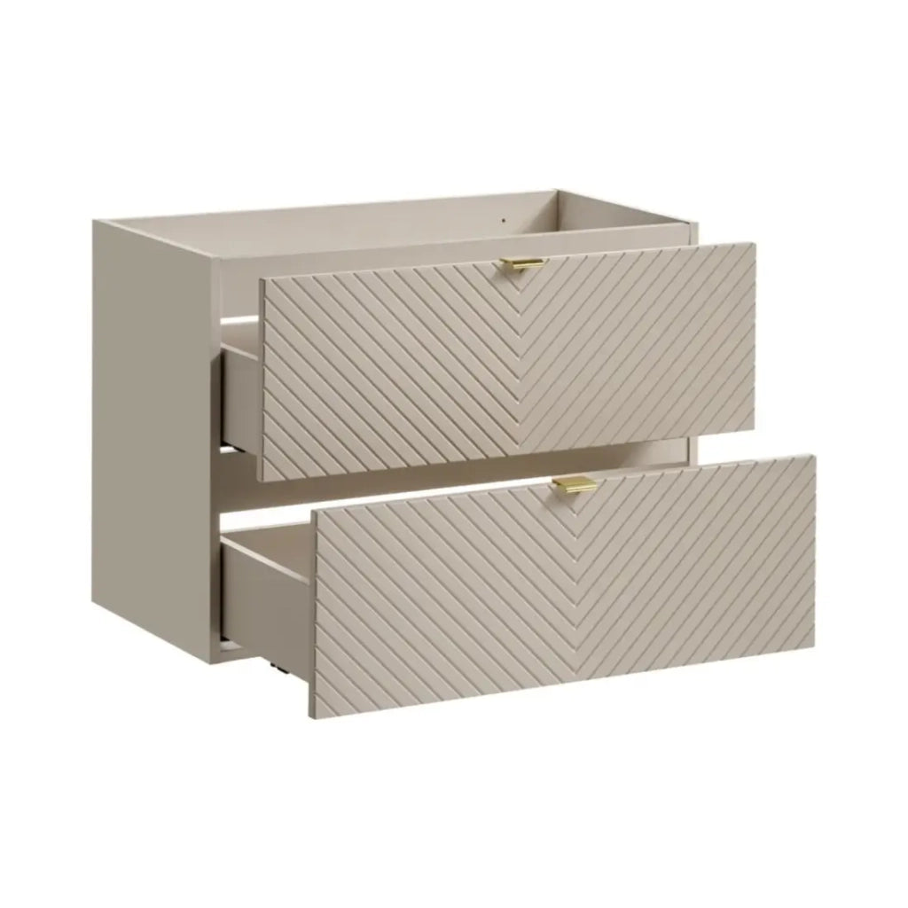 Mobile sottolavabo AOKI – 2 cassetti – Finitura beige cachemire con motivi a spina di pesce e maniglie dorate – L80 × P39 × H57 cm – Da appendere