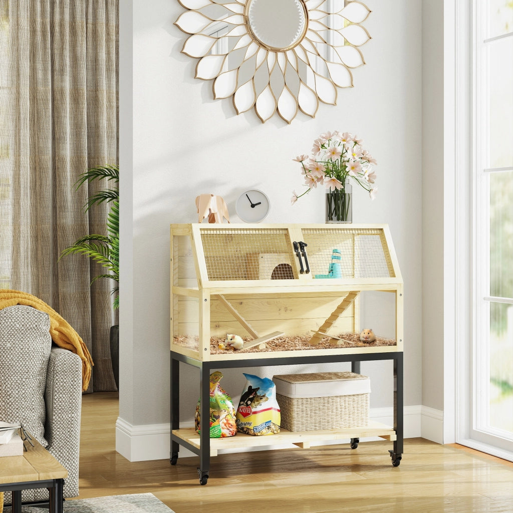 Scaffale per piccoli animali a due livelli con rampe, ripiani e ruote in legno e metallo naturale 87 × 43 × 101 cm