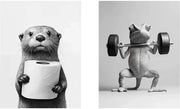 Decorazione per bagno YOUZMY, 2 pezzi, poster fotografico con otter, topo di gommapiuma e gatto fitness, poster divertente per bagno, poster in bianco e nero, 30 x 40 cm (senza cornice)