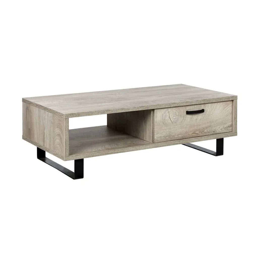 Tavolino basso robusto collezione NEWTON Colore rovere chiaro. Piedi in metallo nero.