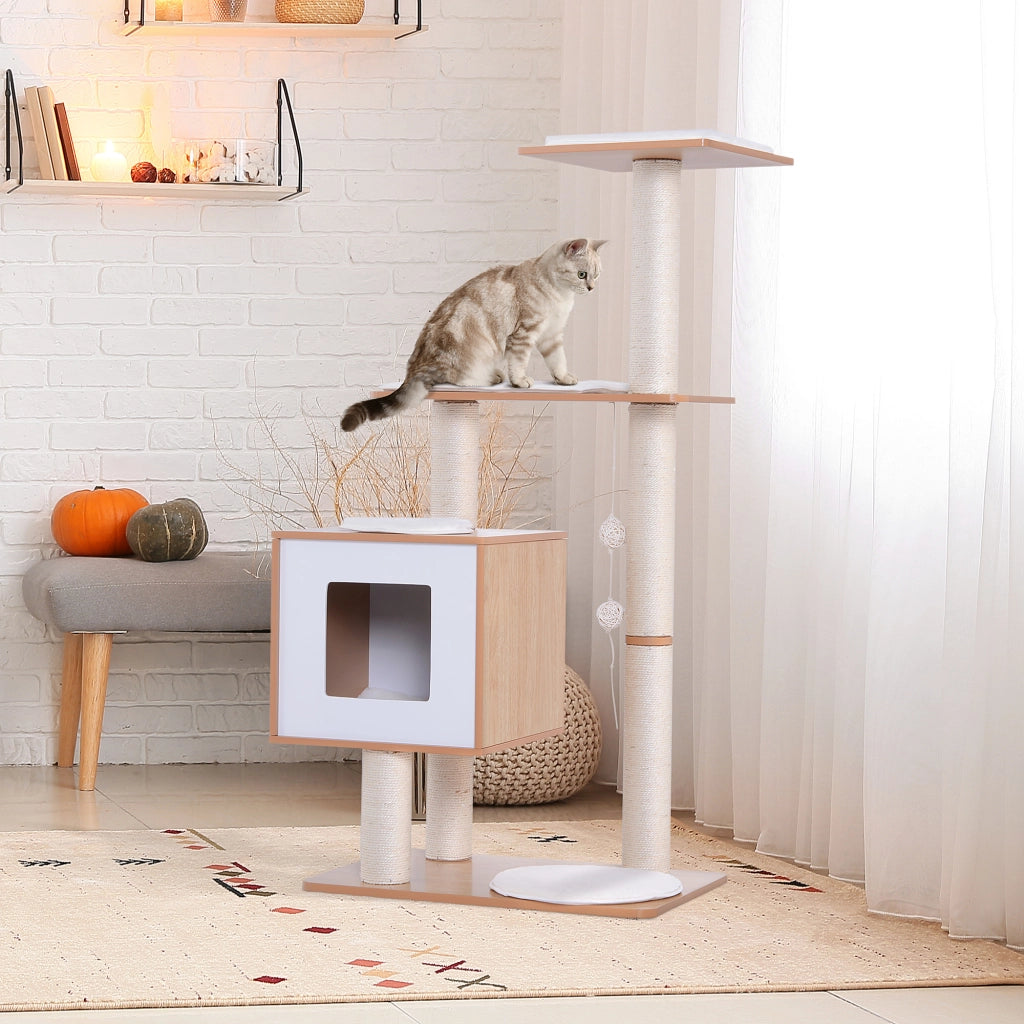 EasyComfort Tiragraffi Gatto Altezza 120cm con Cuccia Piattaforme e Giochi Sisal, MDF 71.5x49.5x120cm legno, bianco