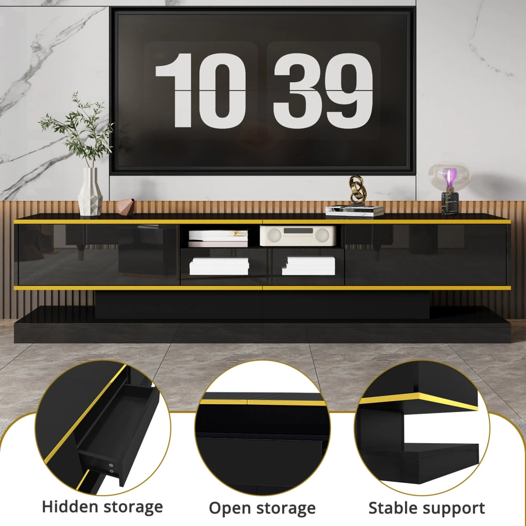Mobile TV moderno da 180 cm con 3 cassetti; finitura lucida; LED multicolore; nero e oro