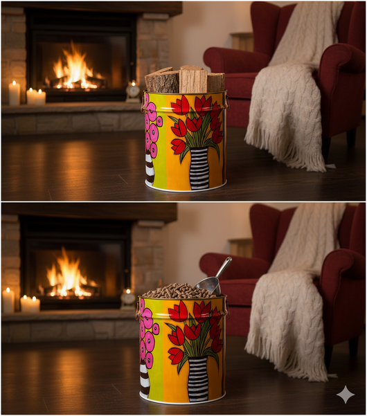 Porta Legna o Pellet Contenitore Senza Coperchio Ø39x42 cm in Ferro Verniciato Big Flowers Multicolore