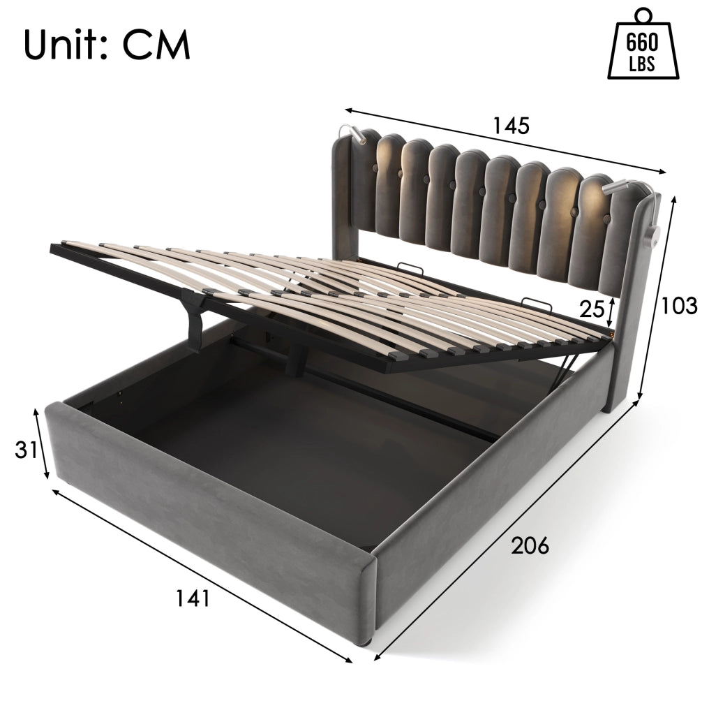 Letto imbottito 140x200 cm con contenitore; luce da lettura e USB in velluto grigio