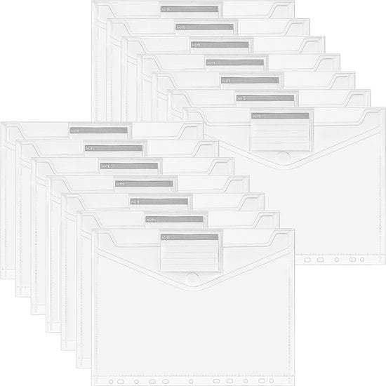 Map per documenti A4, 14 mappe per archiviazione, contenitore trasparente con chiusura con adesivi, bordo a 11 gocce e riquadro per etichetta, mappe trasparenti per documenti A4