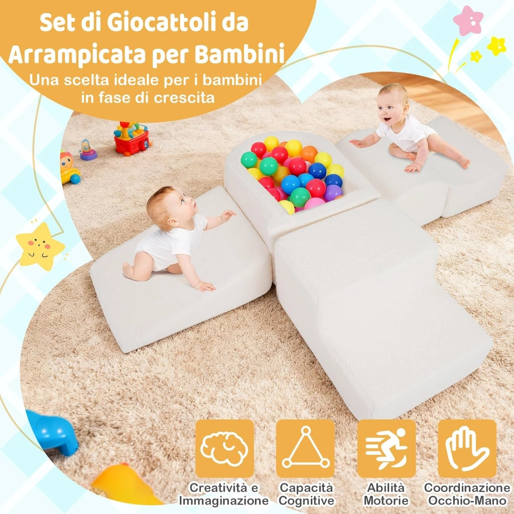 Blocchi da Arrampicata in Schiuma per Bambini, con Piscina di Palline, Set di 5 Pezzi per Arrampicata e Strisciamento, Set da Gioco da Interno per Bambini 3 Anni+ (Beige,Sherpa)