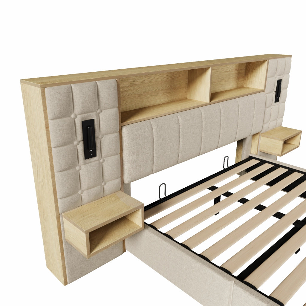 Letto matrimoniale contenitore 160 × 200 cm con 2 comodini, USB, Type-C, 2 lampade da lettura, senza materasso