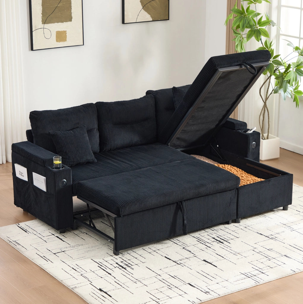 Divano 3 posti in tessuto corduroy nero con chaise longue idraulica; letto estraibile e USB-C