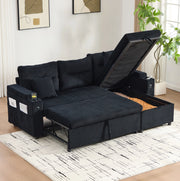 Divano 3 posti in tessuto corduroy nero con chaise longue idraulica; letto estraibile e USB-C