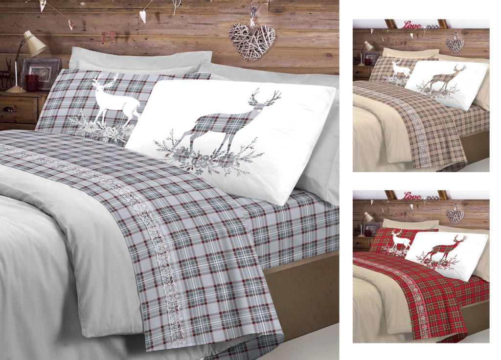 Completo Lenzuola Linea Pensieri Delicati 100% Cotone Disegno Cervo Tartan - Matrimoniale - Grigio