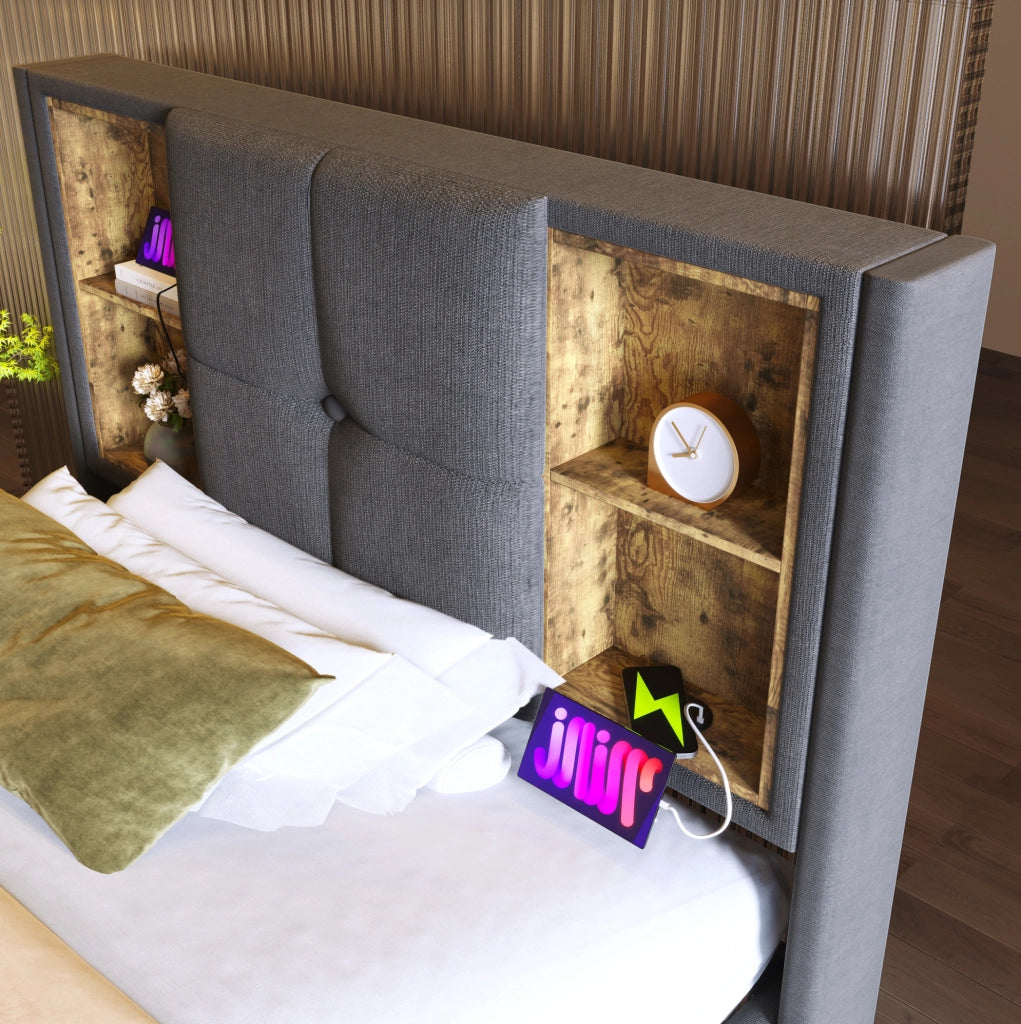 Letto imbottito 90x200 cm con ricarica wireless; USB e Type-C; contenitore; cotone grigio