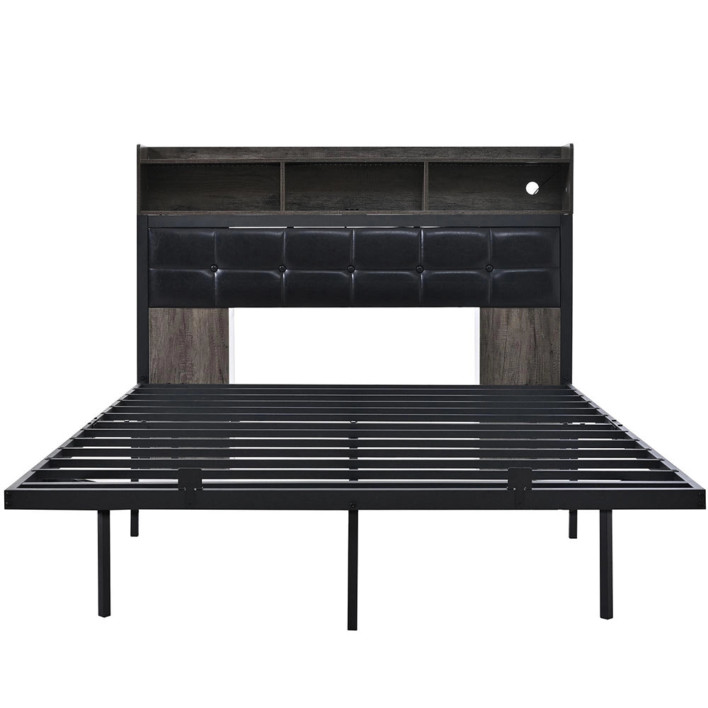 Letto matrimoniale - Xylo - 140x190 cm - Grigio - Testiera, comodini scorrevoli, ricarica USB/LED