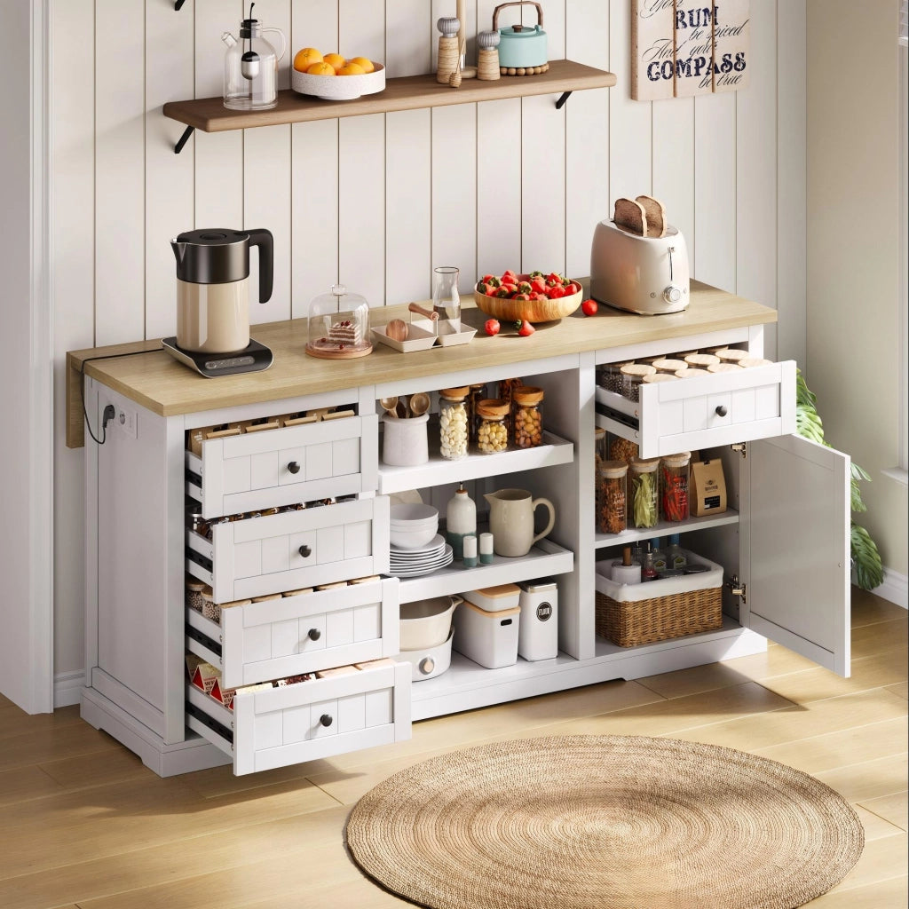 Credenza multifunzione con piano ribaltabile, 5 cassetti, 2 ripiani estraibili e prese integrate, 150×65×75,5 cm