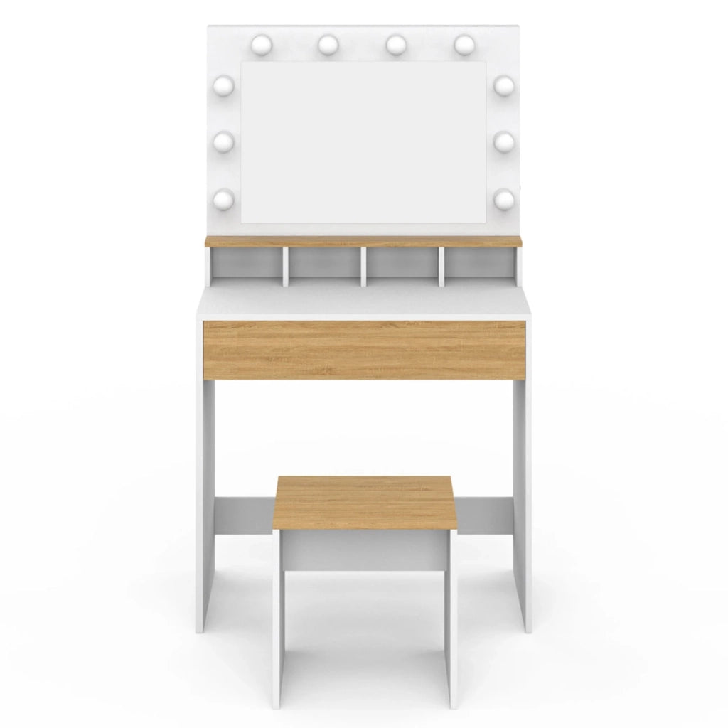 IDMarket - Mueble de tocador ZELIA blanco y haya con espejo LED, 4 huecos, 1 cajón y taburete