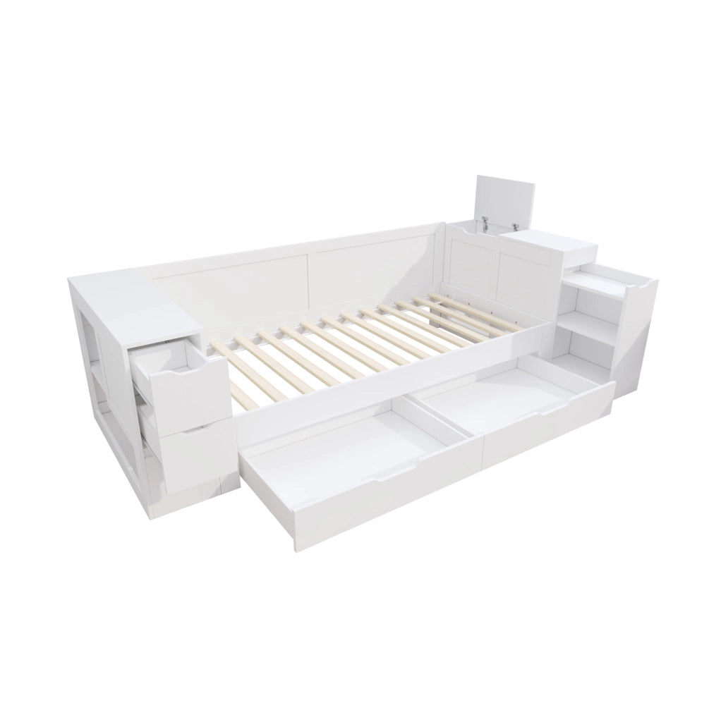 Letto singolo 90x190 cm con cassetti e vano contenitore; MDF; bianco