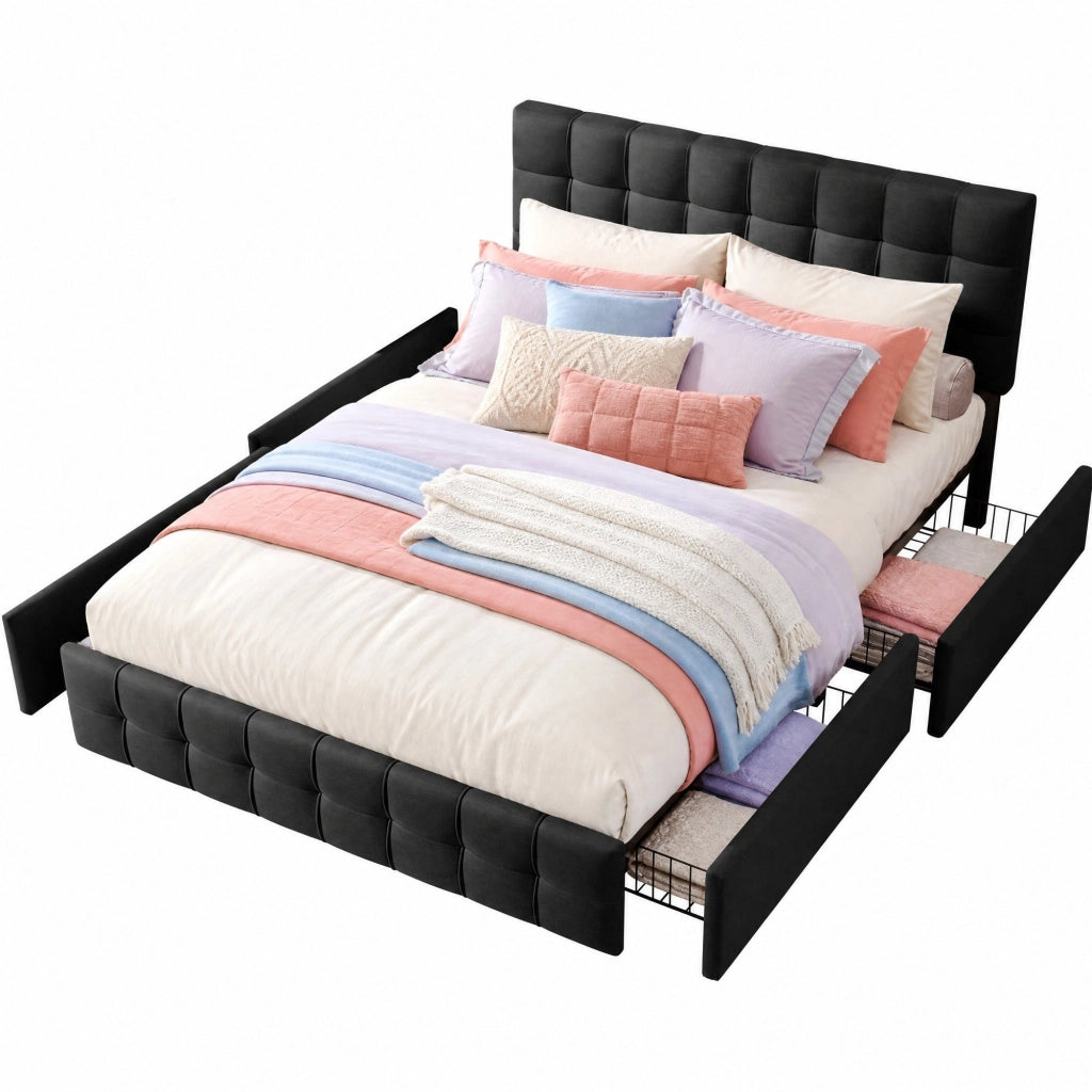 Letto matrimoniale contenitore 140x200 cm in lino nero con 4 cassetti e testiera regolabile