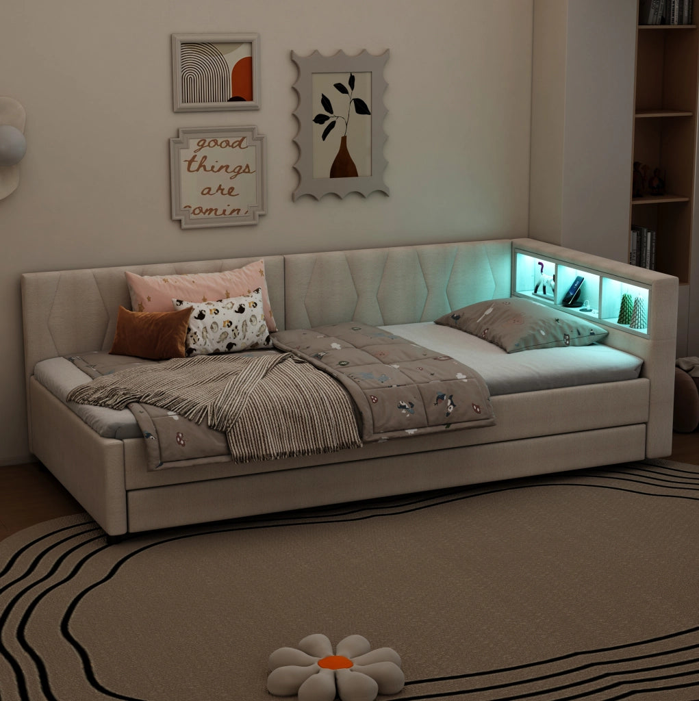 Letto estraibile 90x200 cm con LED, USB-C e vani beige