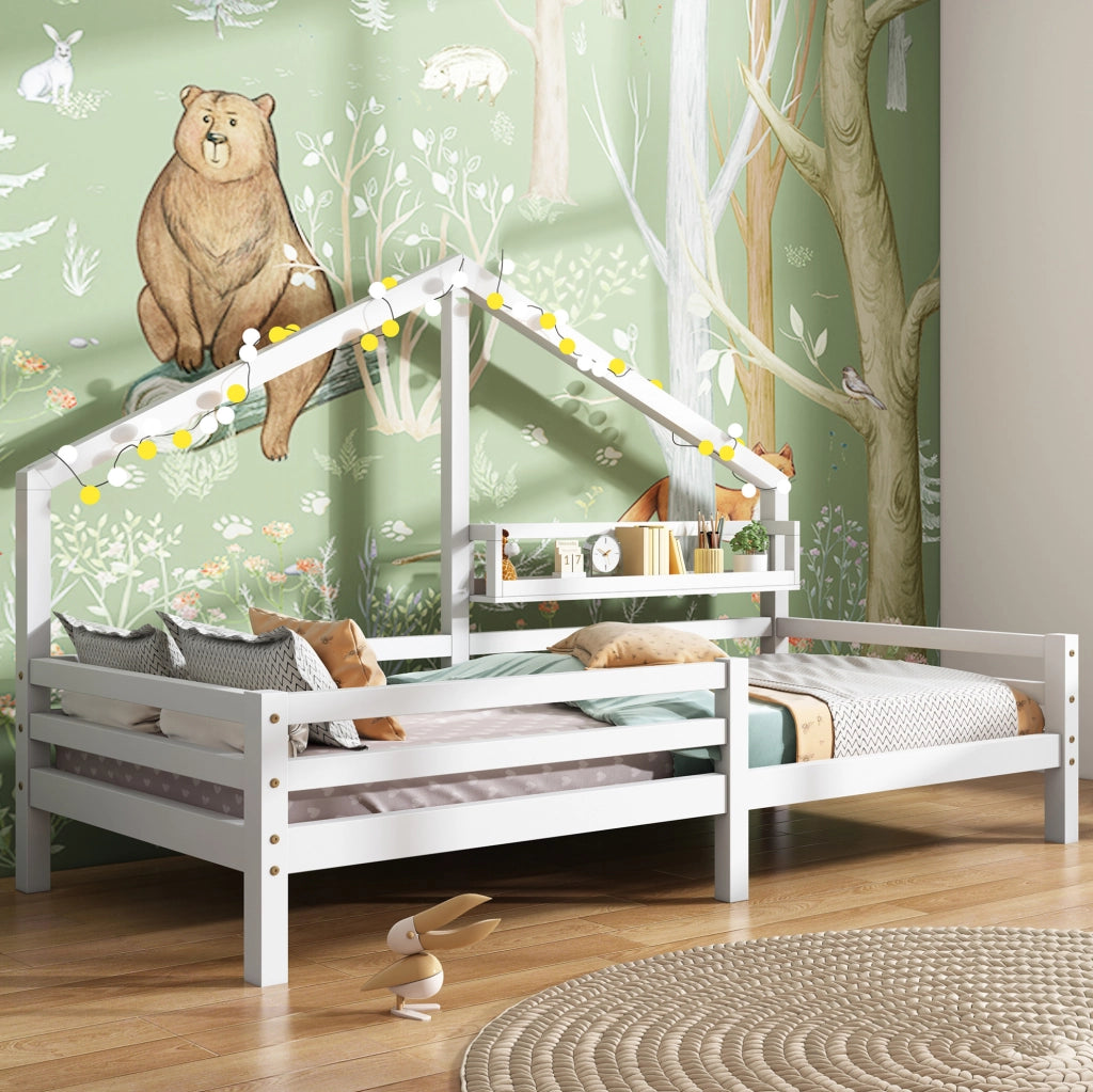 Lettino a casetta con scaffale per bambini 90x200 cm in legno di pino bianco