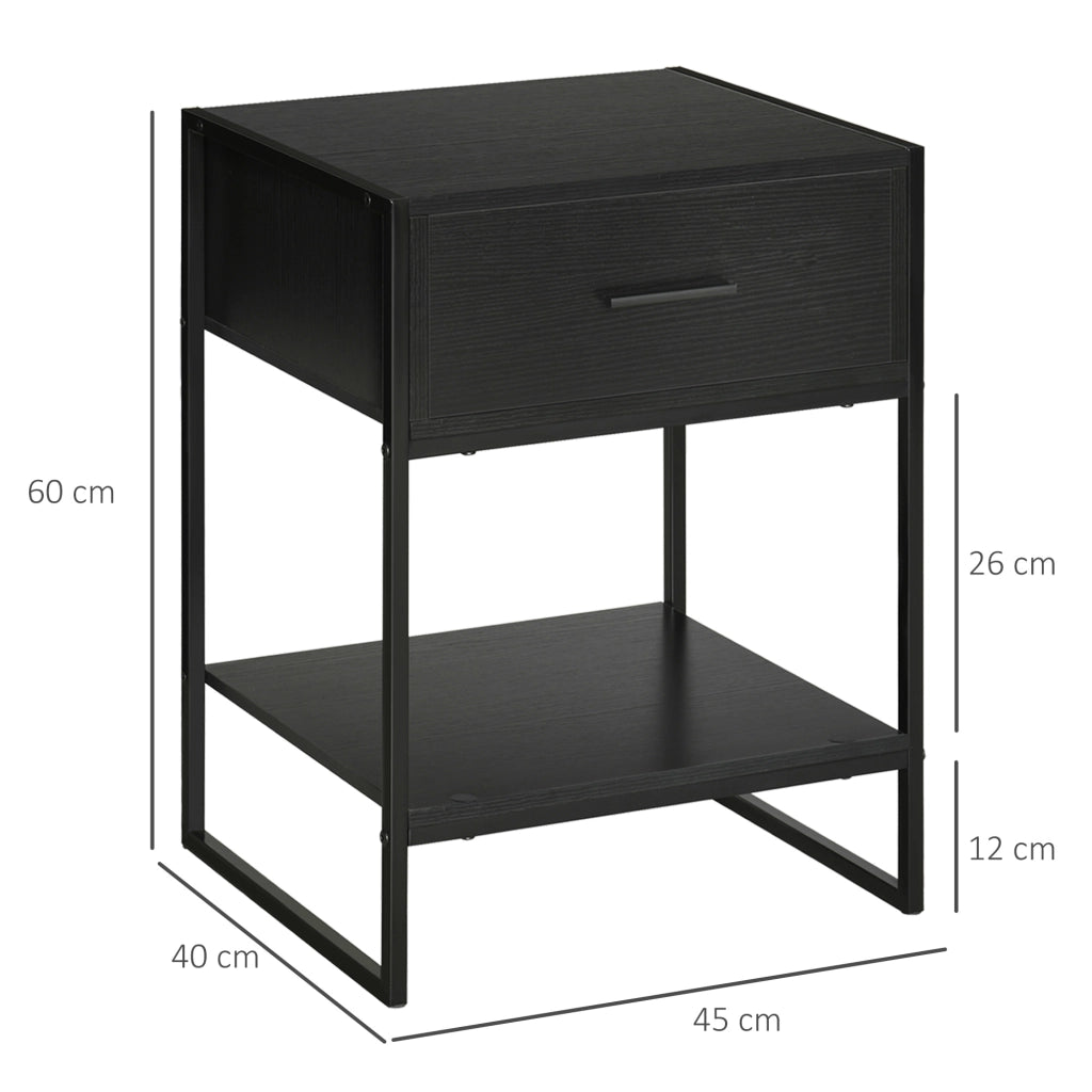 Comodino Moderno con Cassetto e Ripiano Aperto ¨C zephmum ¨C Nero, MDF e Acciaio, 45x40x60cm