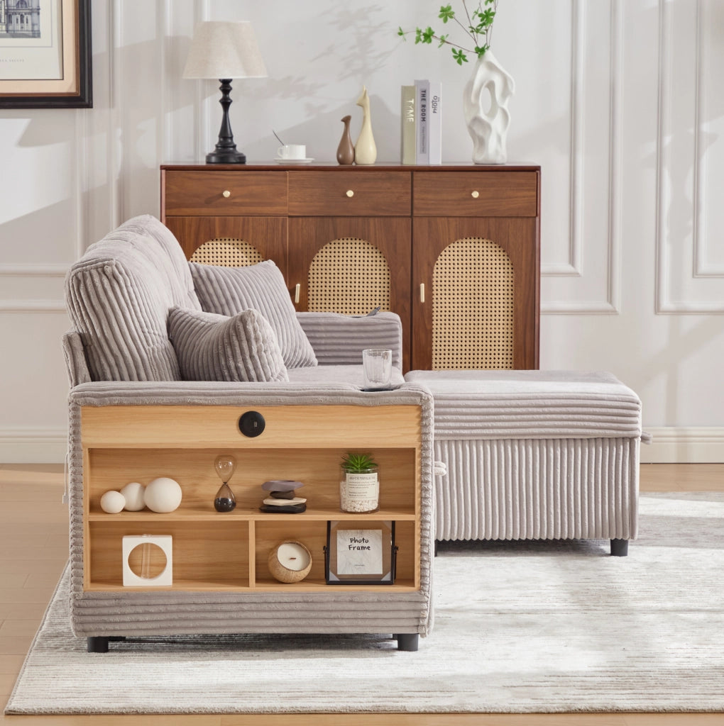 Divano letto in velluto a coste grigio chiaro con LED e USB-C